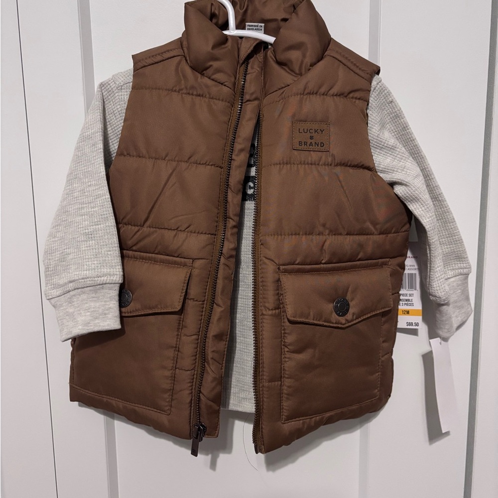 Lucky Brand Kids Brown Puffer Vest Matching Set with Thermal and black pants